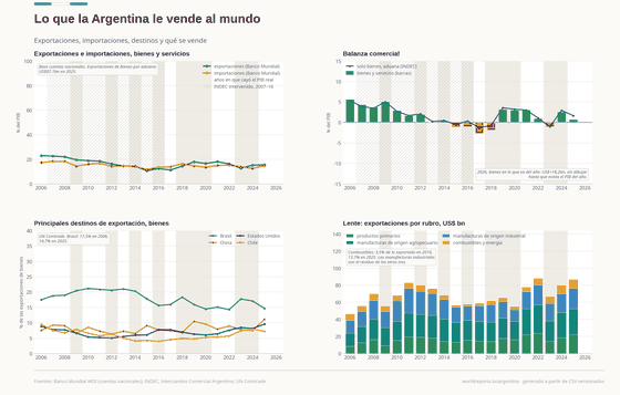 Cuatro paneles sobre el comercio exterior argentino. Las exportaciones de bienes y servicios bajan de 23% del PIB en 2006 a 10,7% en 2015 y son 15,6% en 2025; las importaciones pasan de 17% a 15%. La balanza es negativa en 2013, de 2015 a 2018 y en 2023. Brasil compra entre 14,3% y 21,2% de las exportaciones de bienes; China, Estados Unidos y Chile, entre 4% y 11% cada uno. Las exportaciones por rubro se apilan en dólares: productos primarios, manufacturas de origen agropecuario e industrial y combustibles, cuya participación baja a 3,5% en 2016 y sube a 12,7% en 2025.