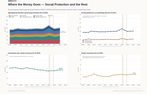 Four panels, calendar years. Total outlays reached 48.4% of GDP in 2020; social protection is 11.5% of GDP in 2024; whole-economy investment runs 22.6–28.2%; public investment is 3.9%.