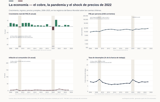 Cuatro paneles para 2006–2025. El PIB real cayó 6,1% en 2020 y rebotó 11,3% en 2021; la inflación llegó a 11,6% en 2022, la más alta de la ventana, y el desempleo modelado marcó 11,3% en 2009. El PIB por persona pasó de US$ 9.319 a US$ 17.995 en dólares corrientes: un nivel nominal, no un ingreso disponible.