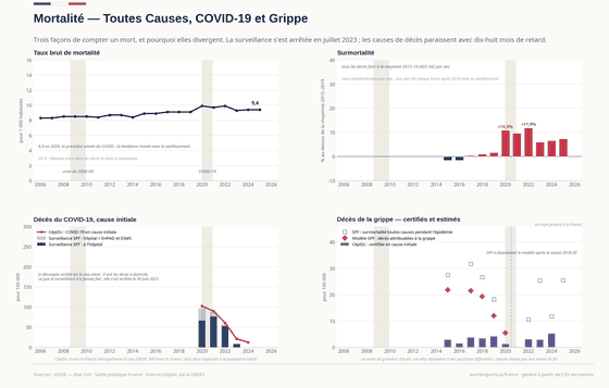Mortalité. Le taux de mortalité, la surmortalité, et les morts du COVID-19 et de la grippe comptés de trois façons. Décès pour 1 000 9,40 en 2025 ; Morts du COVID-19 (cause initiale) 8 549 en 2024 ; Morts de la grippe (cause initiale) 3 580 en 2024. Chaque chiffre est lu dans les CSV versionnés de ce pays.