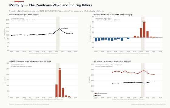 Four panels on mortality. The death rate rises from 9.7 to 14.0 in 2021 and falls to 11.2; excess deaths reach 29.2%; COVID-19 is 243 per 100,000; circulatory disease and cancer kill far more.