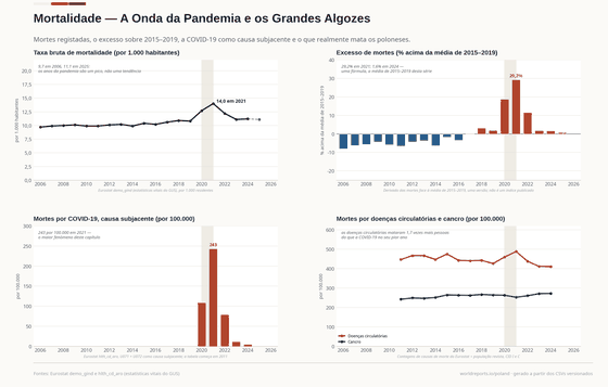 Quatro painéis sobre mortalidade. A taxa de mortalidade sobe de 9,7 para 14,0 em 2021 e cai para 11,2; o excesso de mortes chega a 29,2%; a COVID-19 é 243 por 100.000; as doenças circulatórias e o cancro matam muito mais.