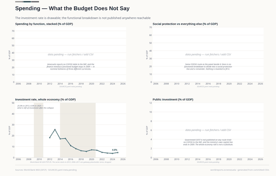 Four panels: three pending for the functional breakdown, the social-protection split and public investment, each with the route that failed; and whole-economy investment falling from a quarter of GDP to under 4%.