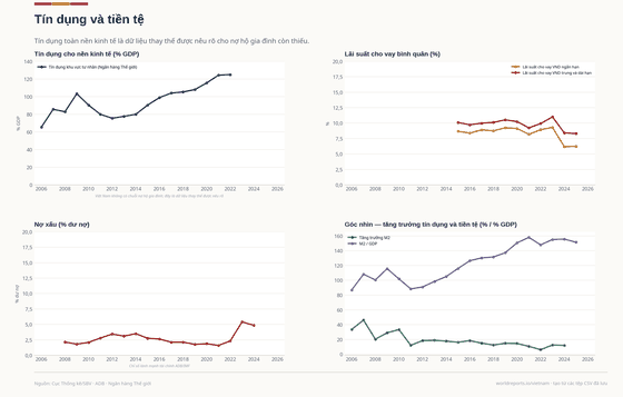 Credit and Money. There is no household-debt series; economy-wide credit is labelled as a substitute. Non-performing loans 4.8% in 2024. Every figure is read from this country's committed CSVs.